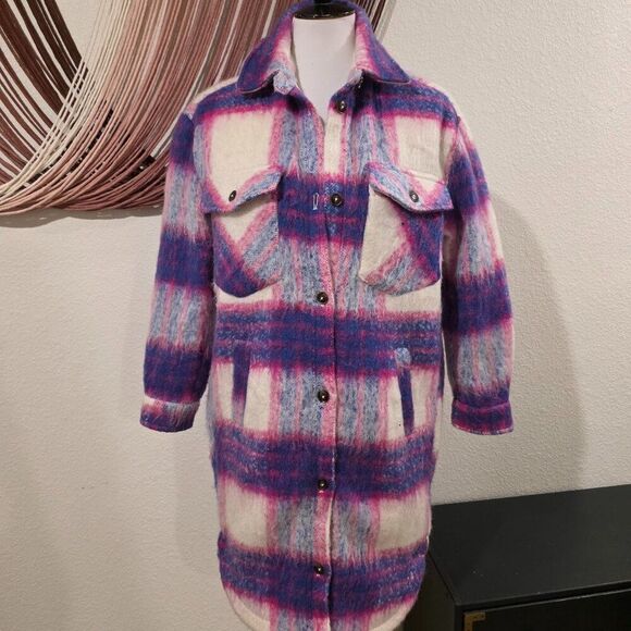 NWT Blank NYC Prime Time Blue Multi Plaid Brushed Long Shacket Sz XS - Picture 7 of 10